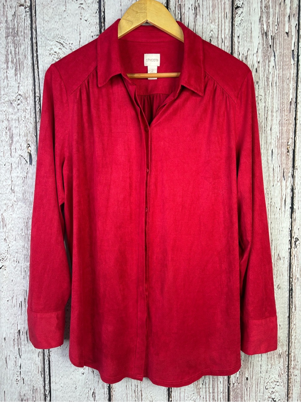 Chico’s 2 | Large | 12 Soft Faux-Suede Red Button Down Shirt Hidden Placket